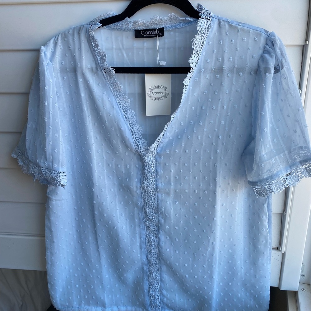 Sheer XL blue Camisa Blouse NWT
